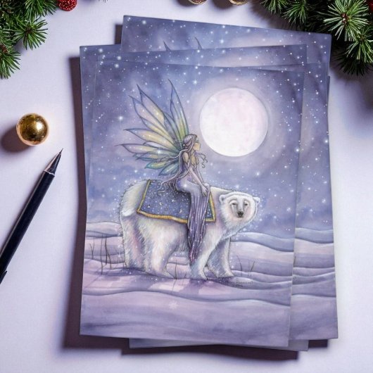 Moonlit Solstice Fairy and Polar Bear Art Postkarte