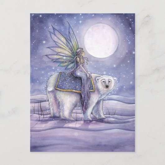 Moonlit Solstice Fairy and Polar Bear Art Postkarte (Vorderseite)
