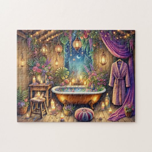Moonlit Spa Bath Enchanted Night Garden Retreat Puzzle (Horizontal)