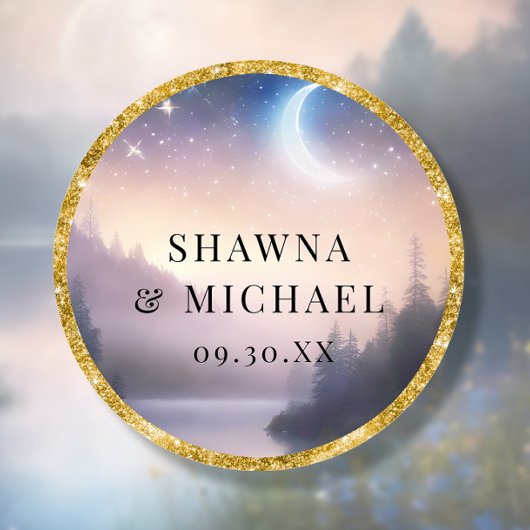 Moonlit Star Bergsee Fantasy Elegante Hochzeit Runder Aufkleber