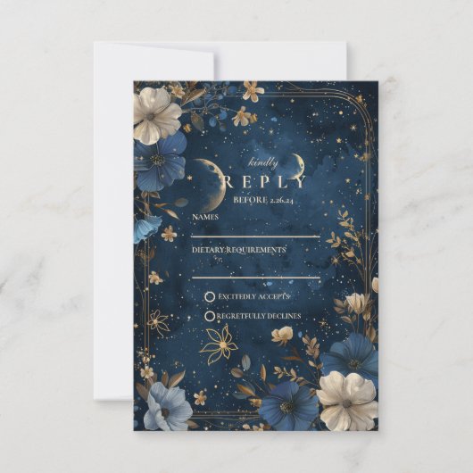 Moonlit Starflower Wedding RSVP Karte (Vorderseite)