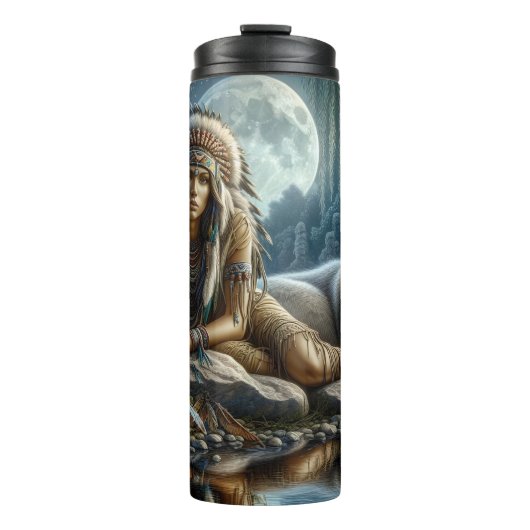 Moonlit Vigil: Frau und Wolf. Thermosbecher (Vorderseite)