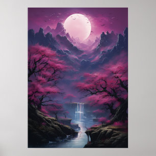 Moonlit Wasserfall und farbenfrohe Landschaft Poster
