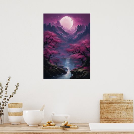 Moonlit Wasserfall und farbenfrohe Landschaft Poster (Küche)