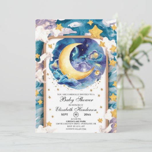 Moonlit Whimsical Celestial Baby Dusche Einladung (Stehend Vorderseite)