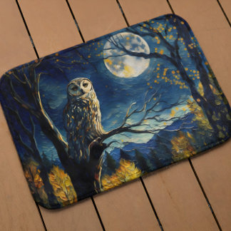 Moonlit Whispers - Van Gogh's Owl in Herbstwald - Badematte