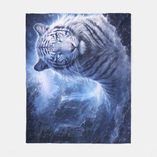 Moonlit White Tiger Guardian – Blue Fantasy Spirit Fleecedecke
