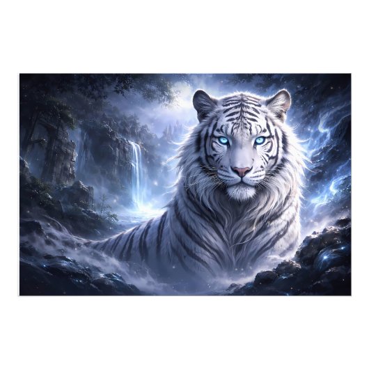Moonlit White Tiger Guardian – Blue Fantasy Spirit Fotodruck (Vorne)