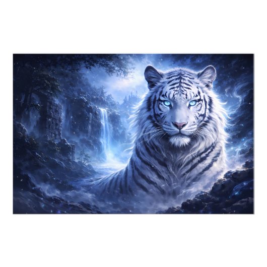 Moonlit White Tiger Guardian – Blue Fantasy Spirit Fotodruck (Vorne)