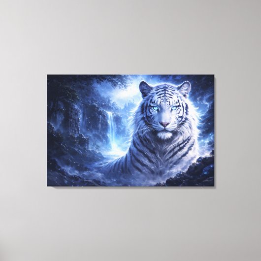 Moonlit White Tiger Guardian – Blue Fantasy Spirit Leinwanddruck (Vorderseite)