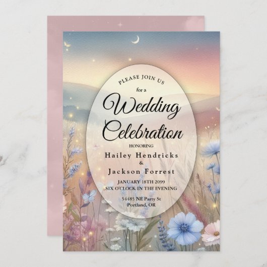 Moonlit Wildblume Whispers Wedding Einladung (Vorne/Hinten)