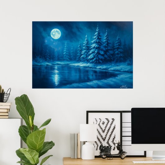 Moonlit Winter Forest by a Lake Poster (Heimbüro)