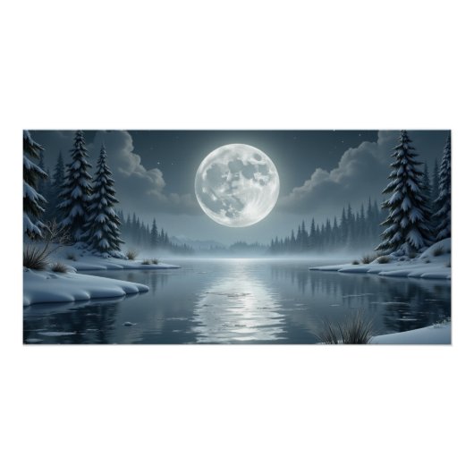 Moonlit Winter Lake – Serene Night Landscape Art Poster (Vorderseite)