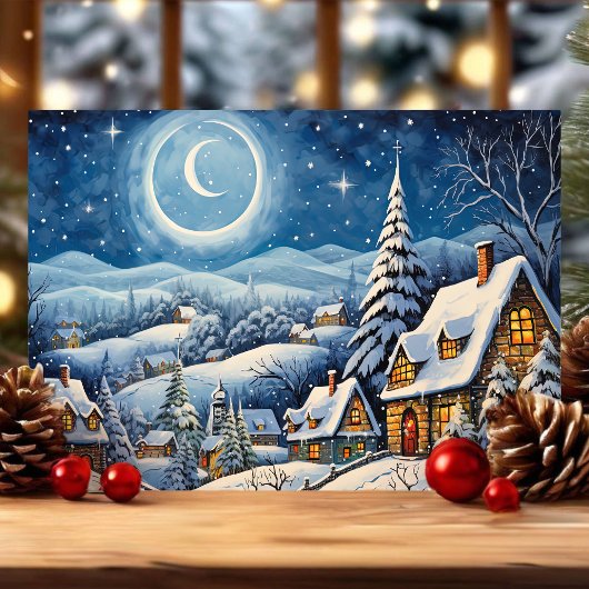 Moonlit Winter Wonderland Snowy Christmas Village Feiertagskarte