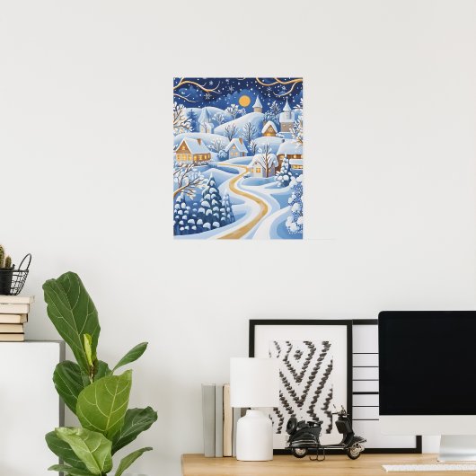Moonlit Winterdorf mit Snowy Pathway Poster (Heimbüro)