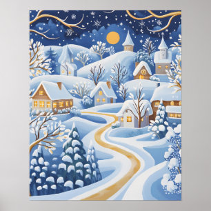 Moonlit Winterdorf mit Snowy Pathway Poster