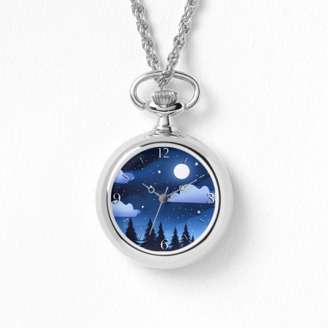 Moonscape mit Sternen und Pinienbäumen Armbanduhr (Vorderseite)
