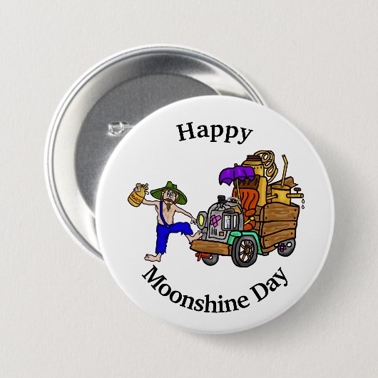 Moonshine Day Button mit Hillbilly Truck and Man (Vorne & Hinten)
