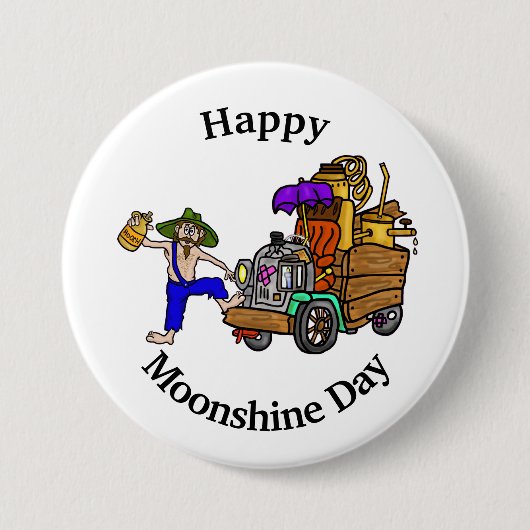 Moonshine Day Button mit Hillbilly Truck and Man (Vorderseite)