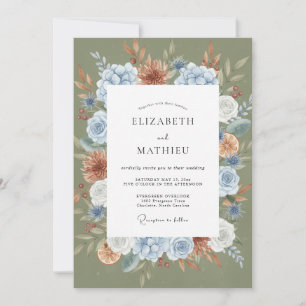 Moos Terrakotta Azurblaue Dahlien-Hochzeit Einladung