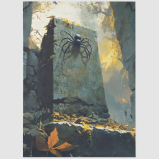 Moosbedeckter Grabstein mit Spider Decoupage Seidenpapier