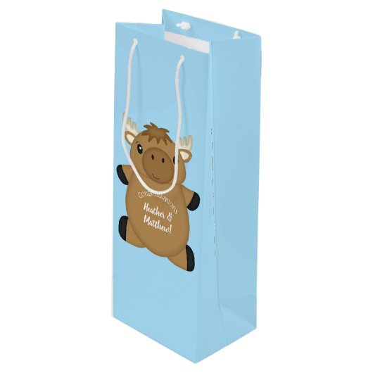 Moose Baby Shower Blue Boy Geschenktüte Für Weinflaschen (Vorderseite Schrägansicht)