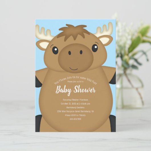 Moose Baby Shower Blue Einladung (Stehend Vorderseite)
