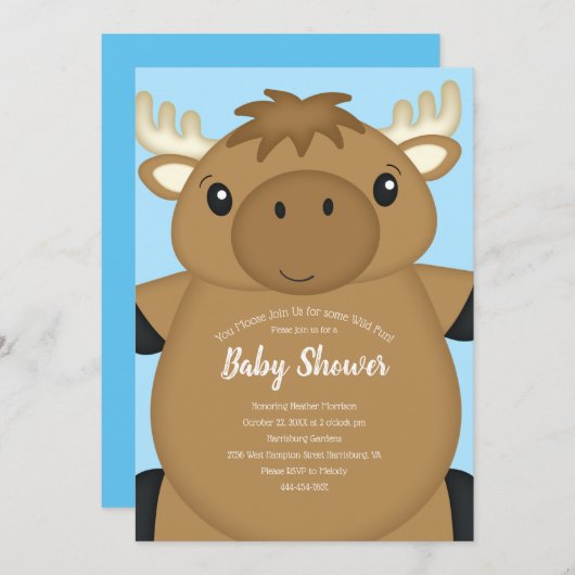 Moose Baby Shower Blue Einladung (Vorne/Hinten)