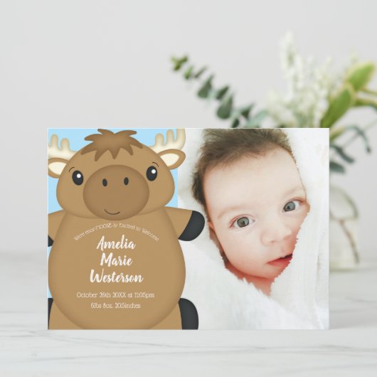 Moose Baby Shower Blue Einladung (Stehend Vorderseite)
