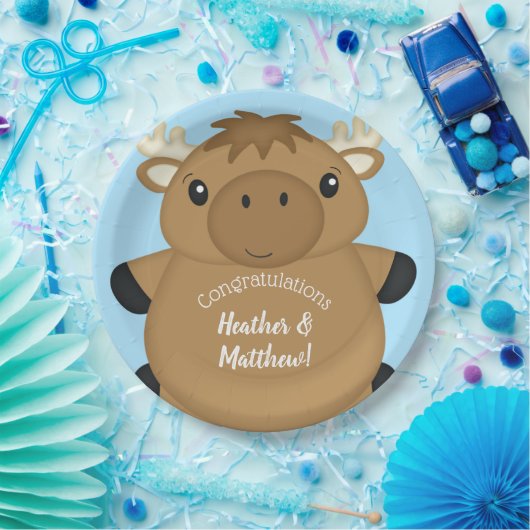 Moose Baby Shower Blue Pappteller (Party)