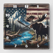 Moose by Lake Mit dem Hintergrund von Berg und Fla Quadratische Wanduhr (Vorderseite)