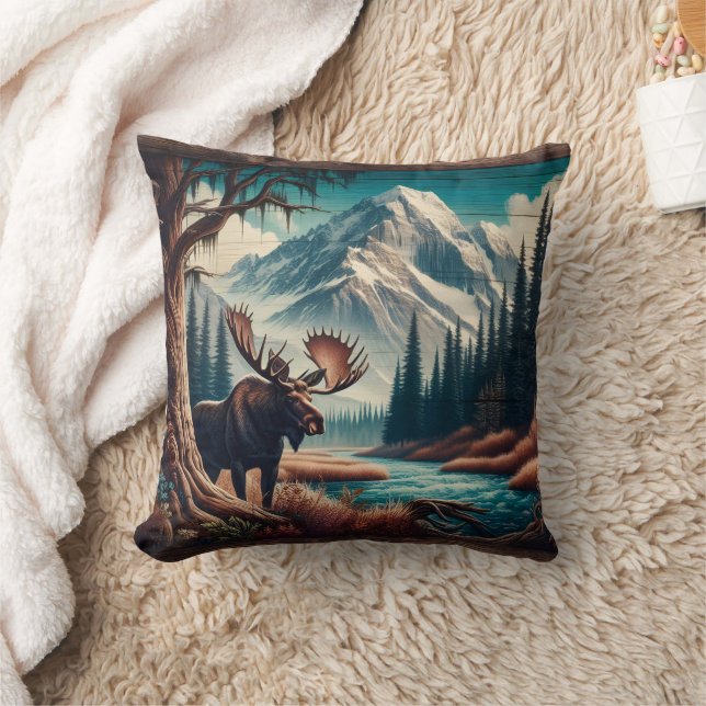 Moose by Mountain Stream im Herbst Landschaft Kissen (Decke)