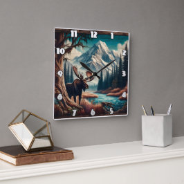 Moose by Mountain Stream im Herbst Landschaft Quadratische Wanduhr