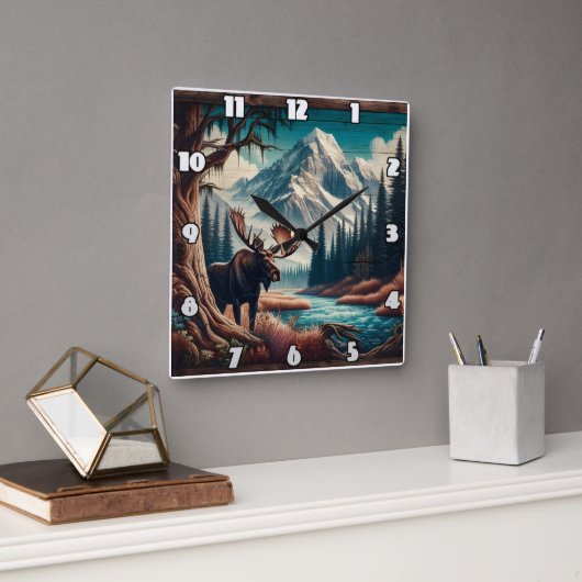 Moose by Mountain Stream im Herbst Landschaft Quadratische Wanduhr (Büro)