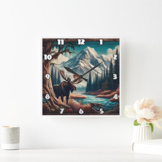 Moose by Mountain Stream im Herbst Landschaft Quadratische Wanduhr (Zuhause)