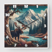 Moose by Mountain Stream im Herbst Landschaft Quadratische Wanduhr (Vorderseite)