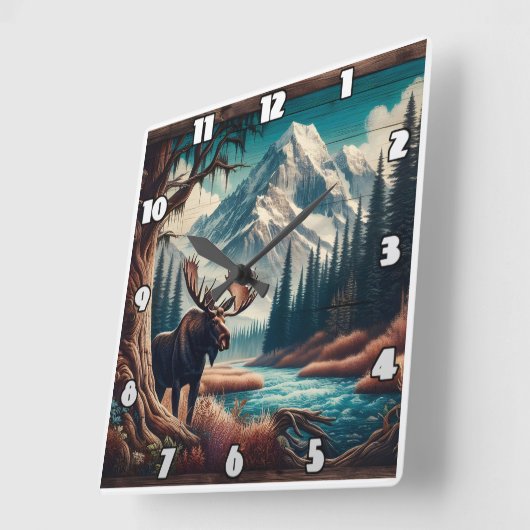 Moose by Mountain Stream im Herbst Landschaft Quadratische Wanduhr (Winkel)