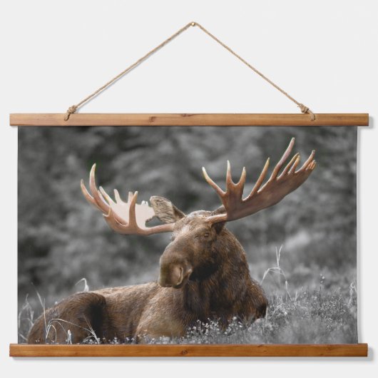 Moose Cabin Art Schwarz-weiß Wandteppich Mit Holzrahmen (Vorne)
