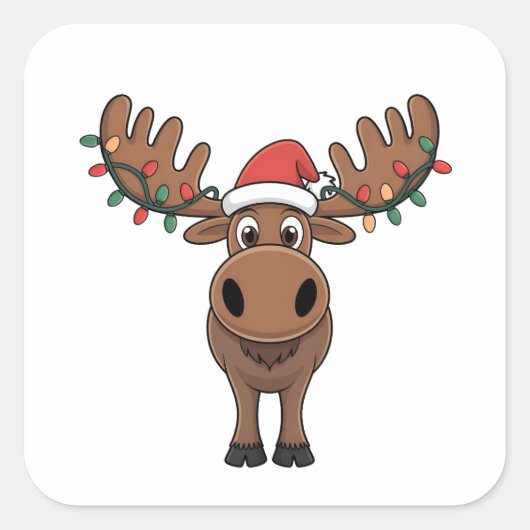 Moose Christmas Tree Lights Funny Xmas Moose Lover Quadratischer Aufkleber (Vorderseite)