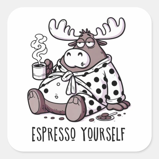 Moose Drink Kaffee in einem Polka Dot Robe Quadratischer Aufkleber (Vorderseite)