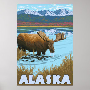Moose Drink Water Vintage Travel Poster