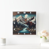 Moose durch Bergbach unter Vollmond Quadratische Wanduhr (Zuhause)