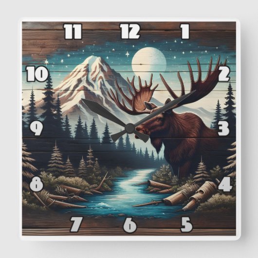 Moose durch Bergbach unter Vollmond Quadratische Wanduhr (Vorderseite)