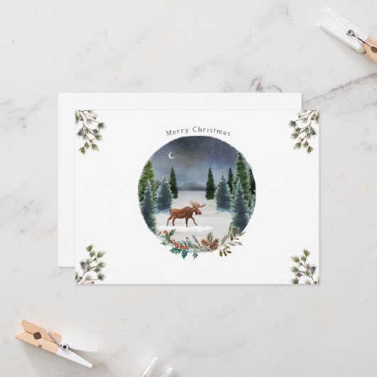 Moose Forest Moon Nature Weihnachtskarte Karte (Vorderseite/Rückseite Beispiel)
