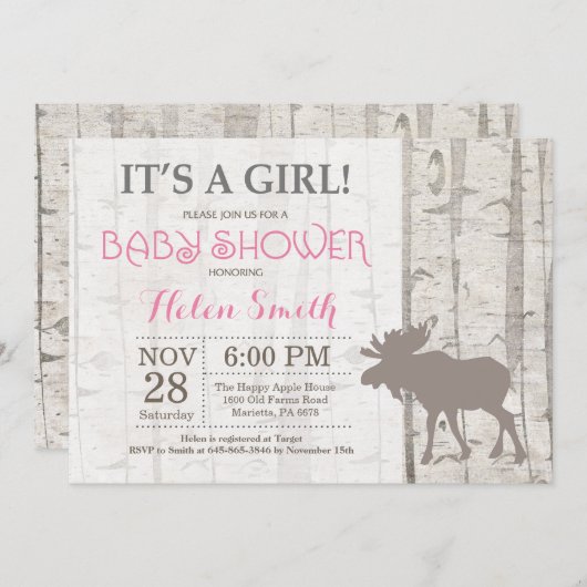 Moose Girl Babydusche Einladung Rustikales Woodlan (Vorne/Hinten)