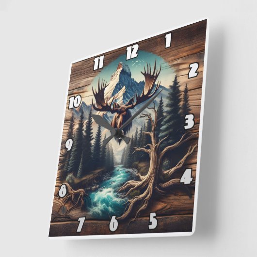 Moose Head Mount mit Blick auf den Bergstrom Quadratische Wanduhr (Winkel)