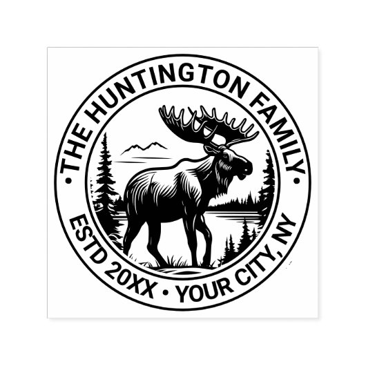 Moose in Forest Landscape Family Name Estd Date Permastempel (Design)