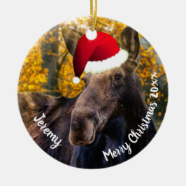Moose in Santa Hat Ceramic Ornament