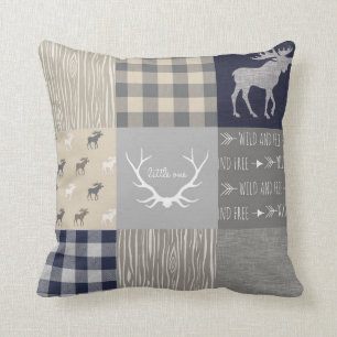 Moose Patchwork Pillow - Navy, Tan Gray Kissen