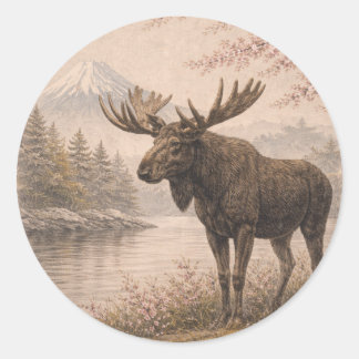 Moose Sticker, Japanese Landscape Wildlife Art, Runder Aufkleber